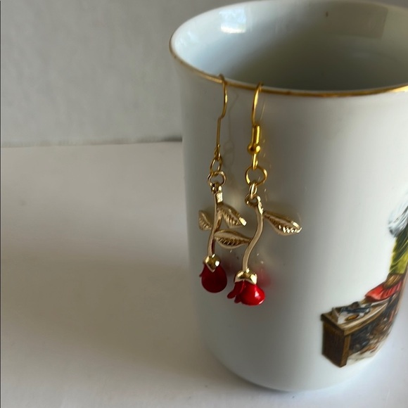 Red and Gold Dangle Earrings with Crystal Drops - Picture 3 of 3